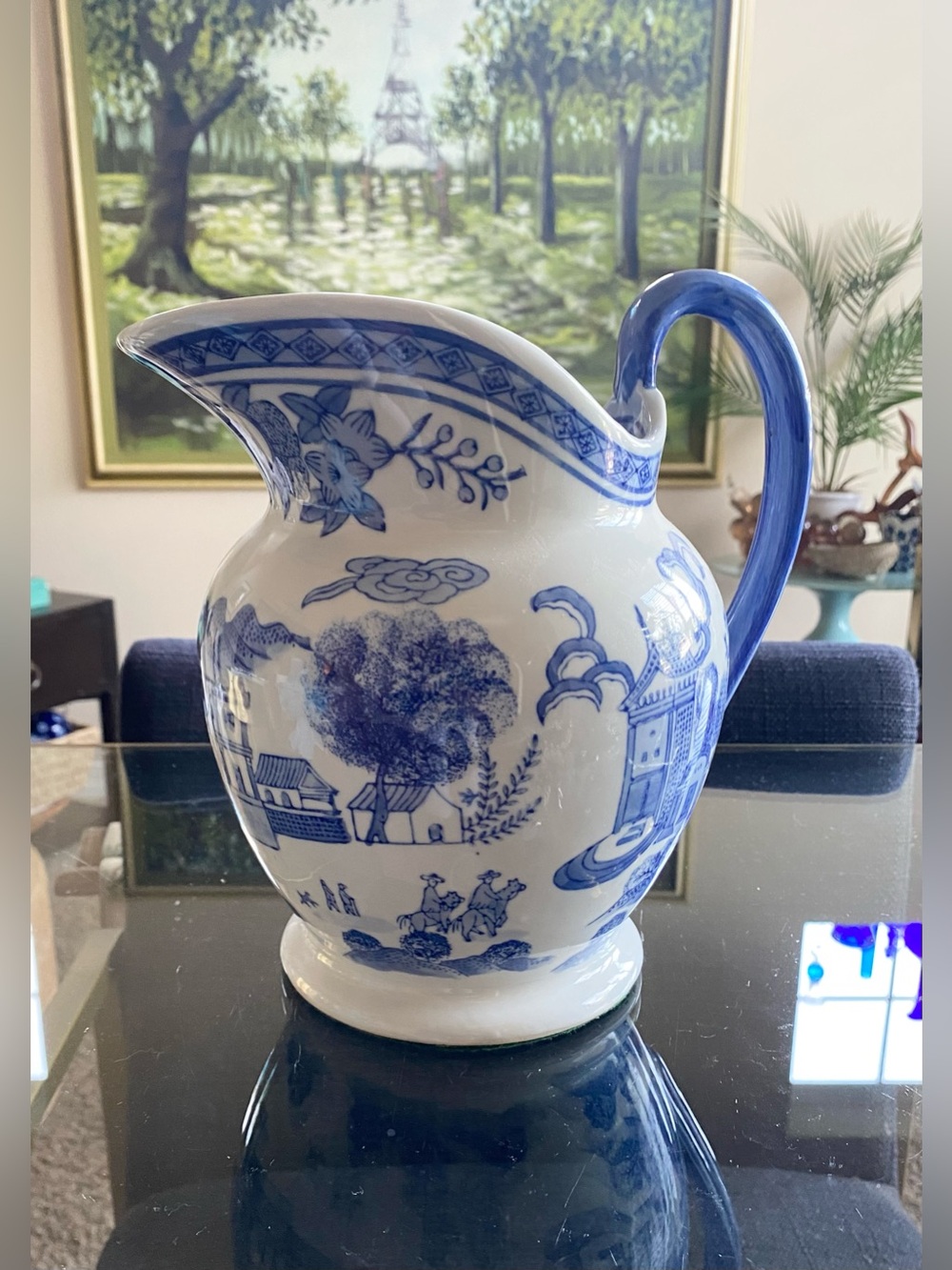 9” Vtg Bombay Company Blue & White Chinoiserie Ceramic Pitcher Pagoda Scene